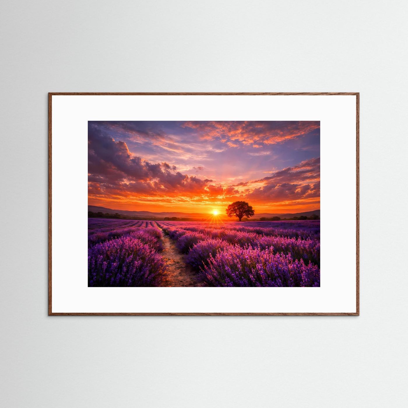 Poster mit braunem Holzrahmen und weißem Rand, Lavendelfeld bei Sonnenuntergang.