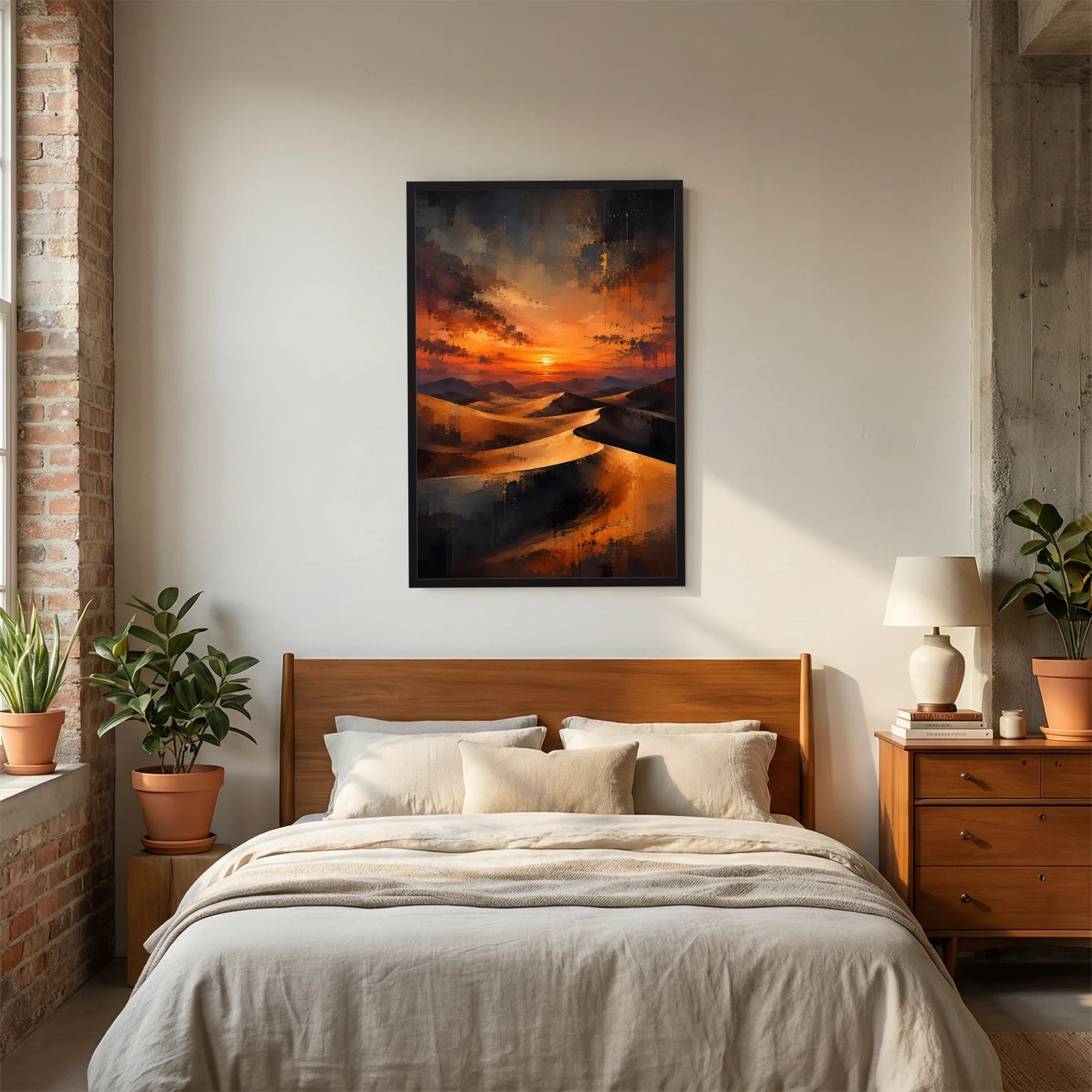 Wandposter mit abstrakten Sanddünen im Sonnenuntergang, dunkler Rahmen im Schlafzimmer