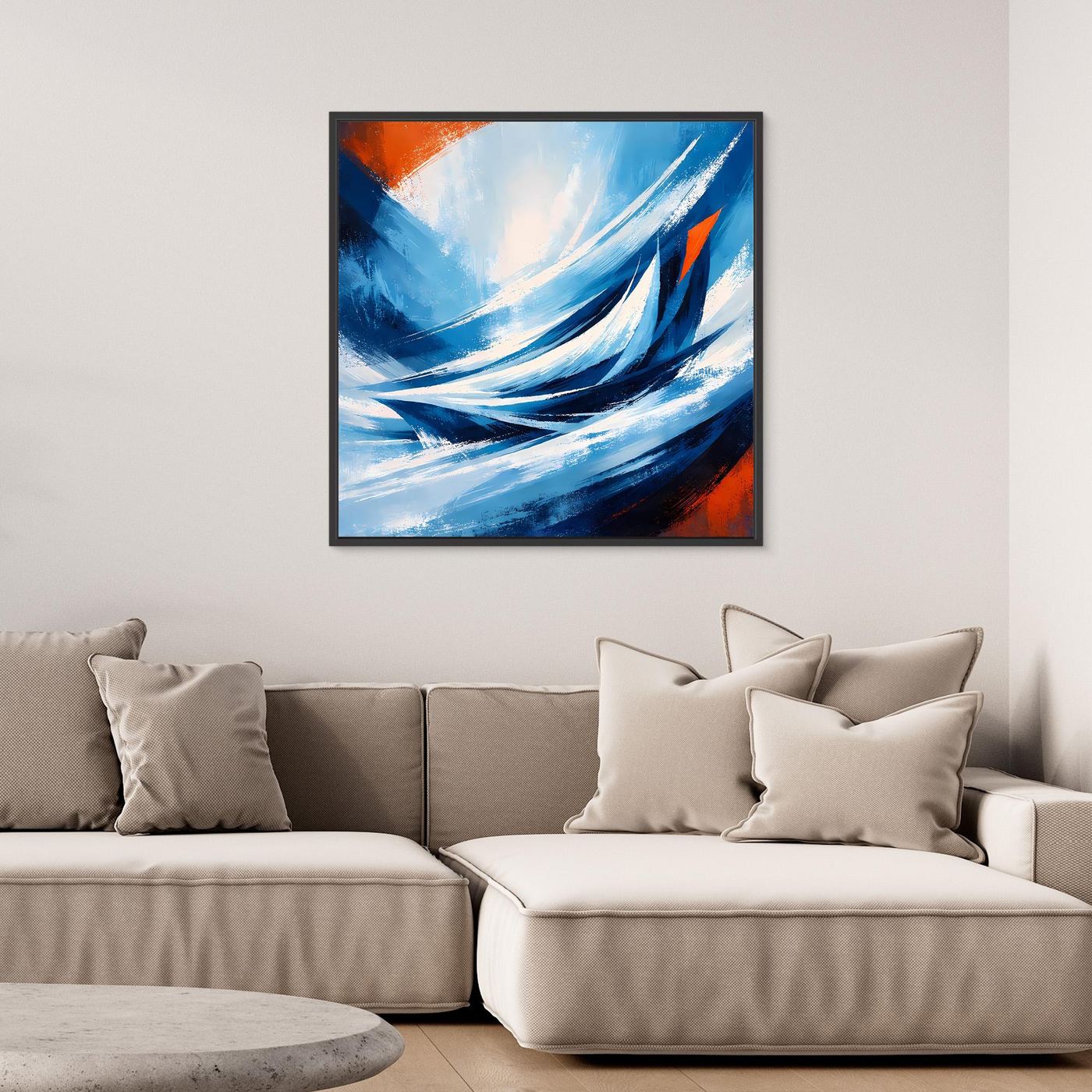 Abstraktes Leinwandbild mit kraftvollen blauen Wellen, weißen Lichtlinien und orangefarbenen Akzenten