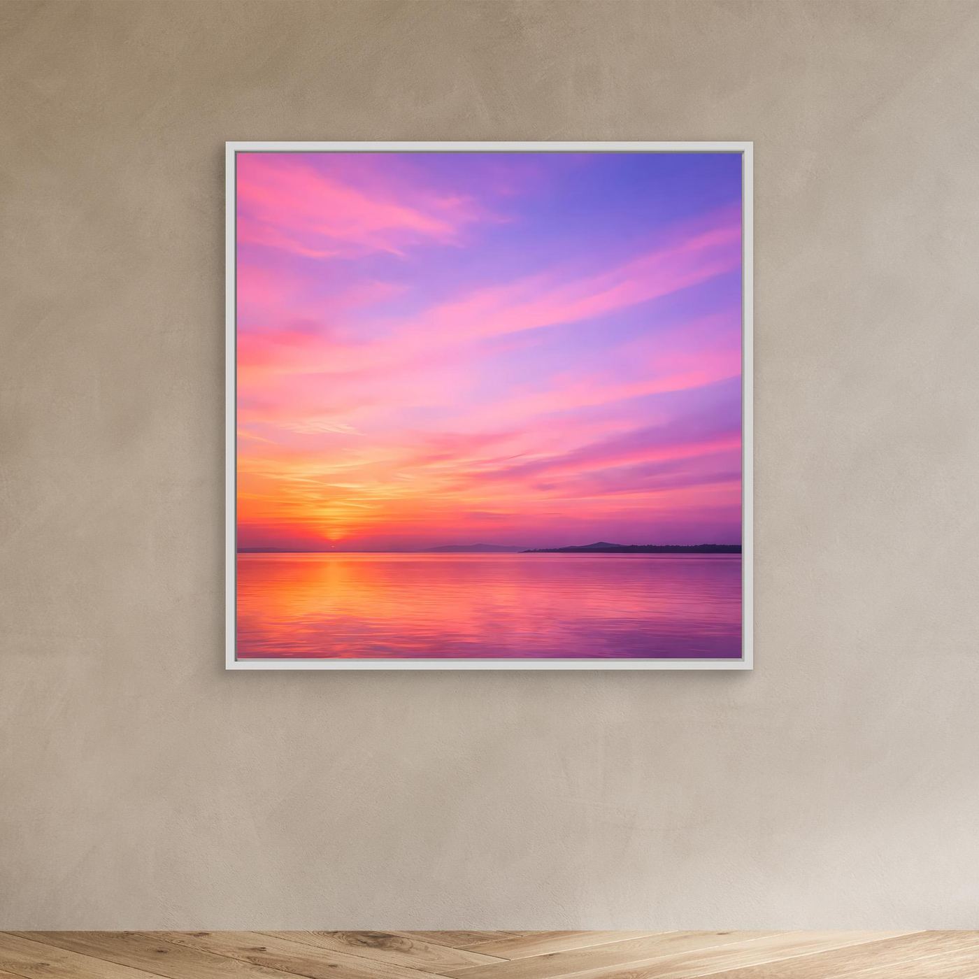 Leinwandbild „Pastel Sunset“ mit weißem Rahmen, Pastell-Sonnenuntergang über ruhigem, reflektierendem Wasser.