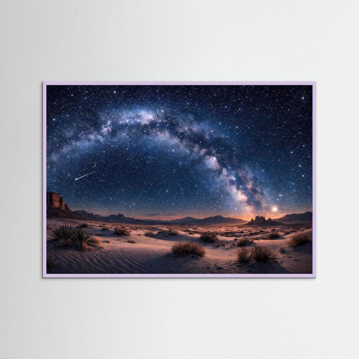 Wandbild mit Wüstenlandschaft und Milchstraße, weißer Rahmen