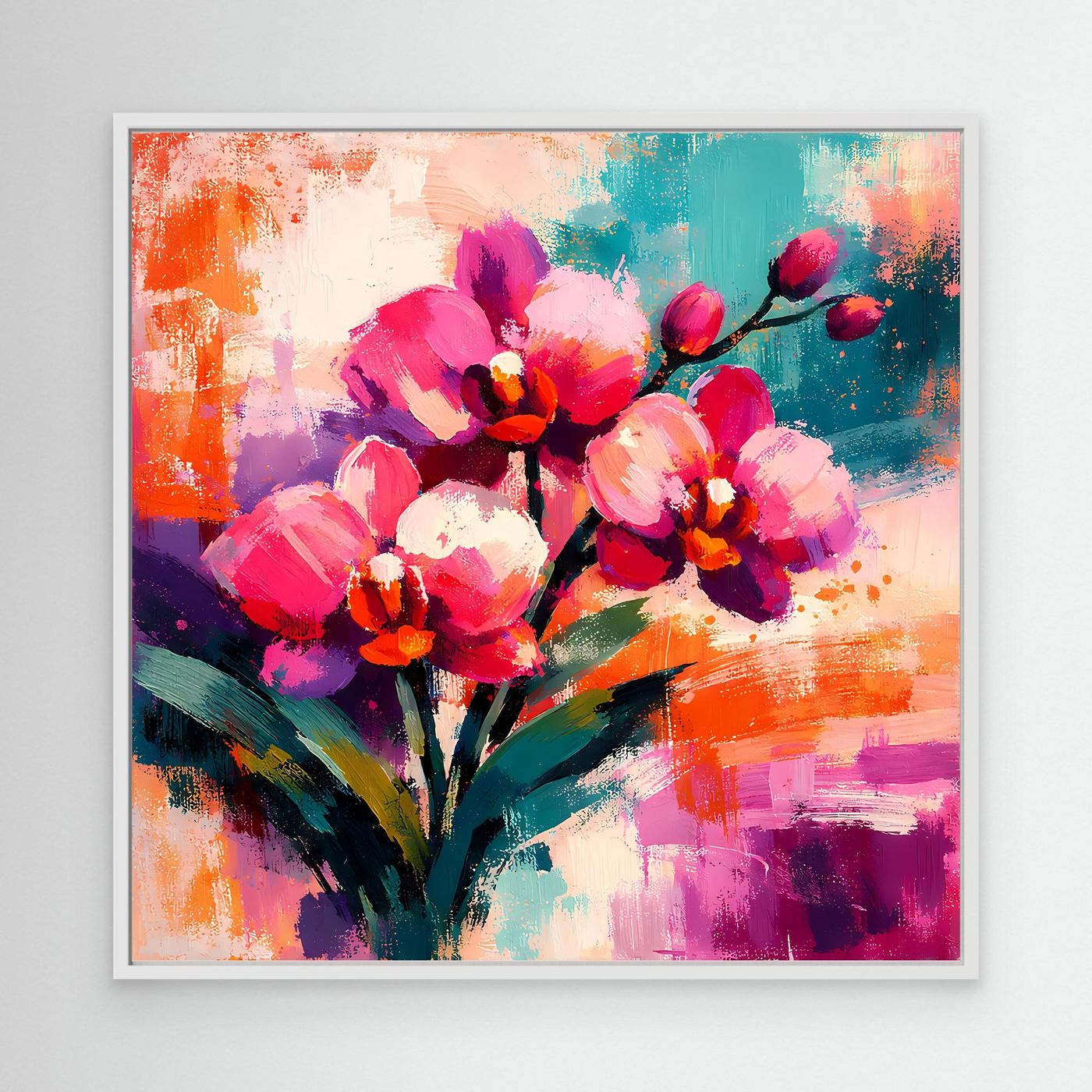 Abstraktes Orchideen-Leinwandbild mit bunten Pinselstrichen, weißer Rahmen