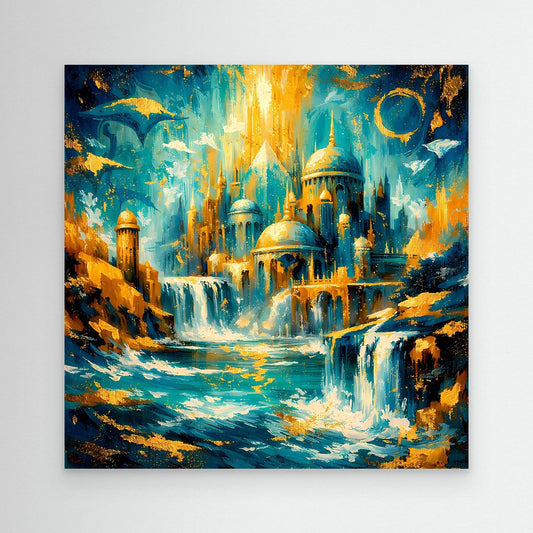 Leinwandbild Fantasystadt mit blauem Palast und goldenen Lichtern, ohne Rahmen