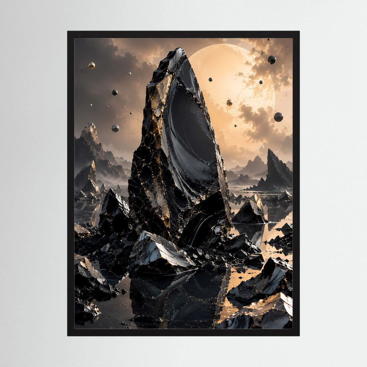 Gerahmtes Hochformat-Poster: schwarzer Monolith mit goldener Mondscheibe