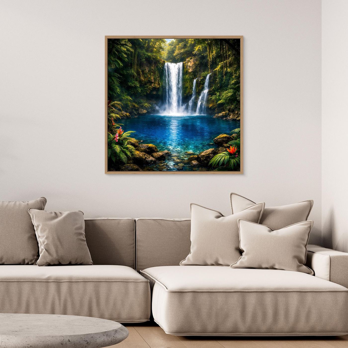 Leinwandbild mit Wasserfall im Dschungel und türkisblauem Becken im hellem Holzrahmen