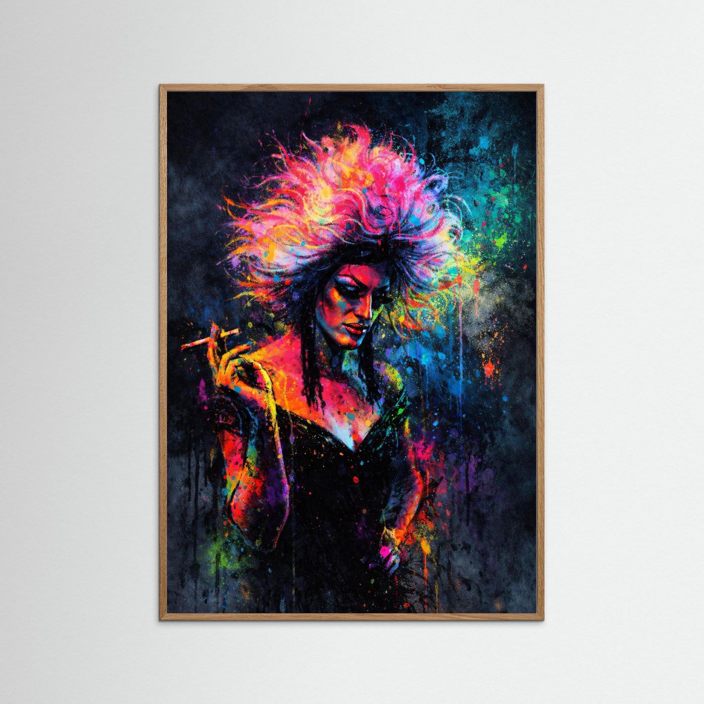 Poster mit Drag-Queen im Neon-Graffiti, naturbrauner Rahmen
