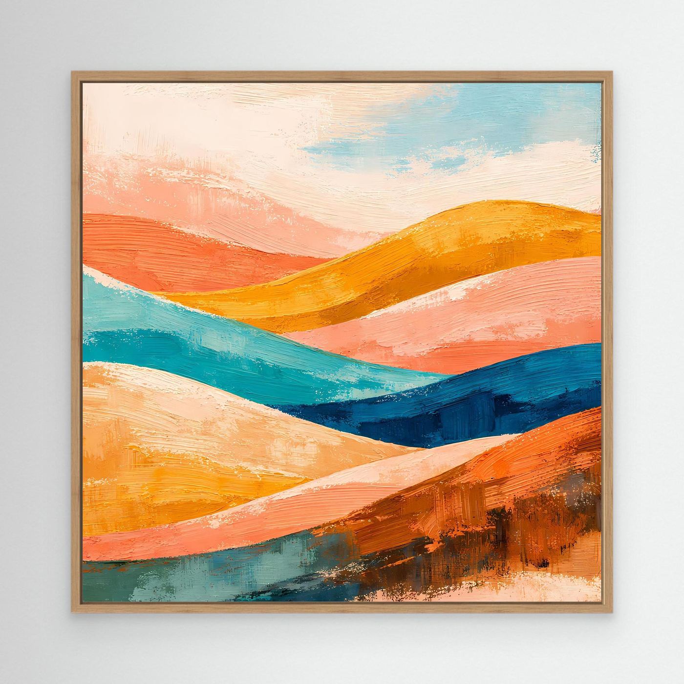 Abstract canvas wall art of wave hills in orange, teal, and blue, wood frame