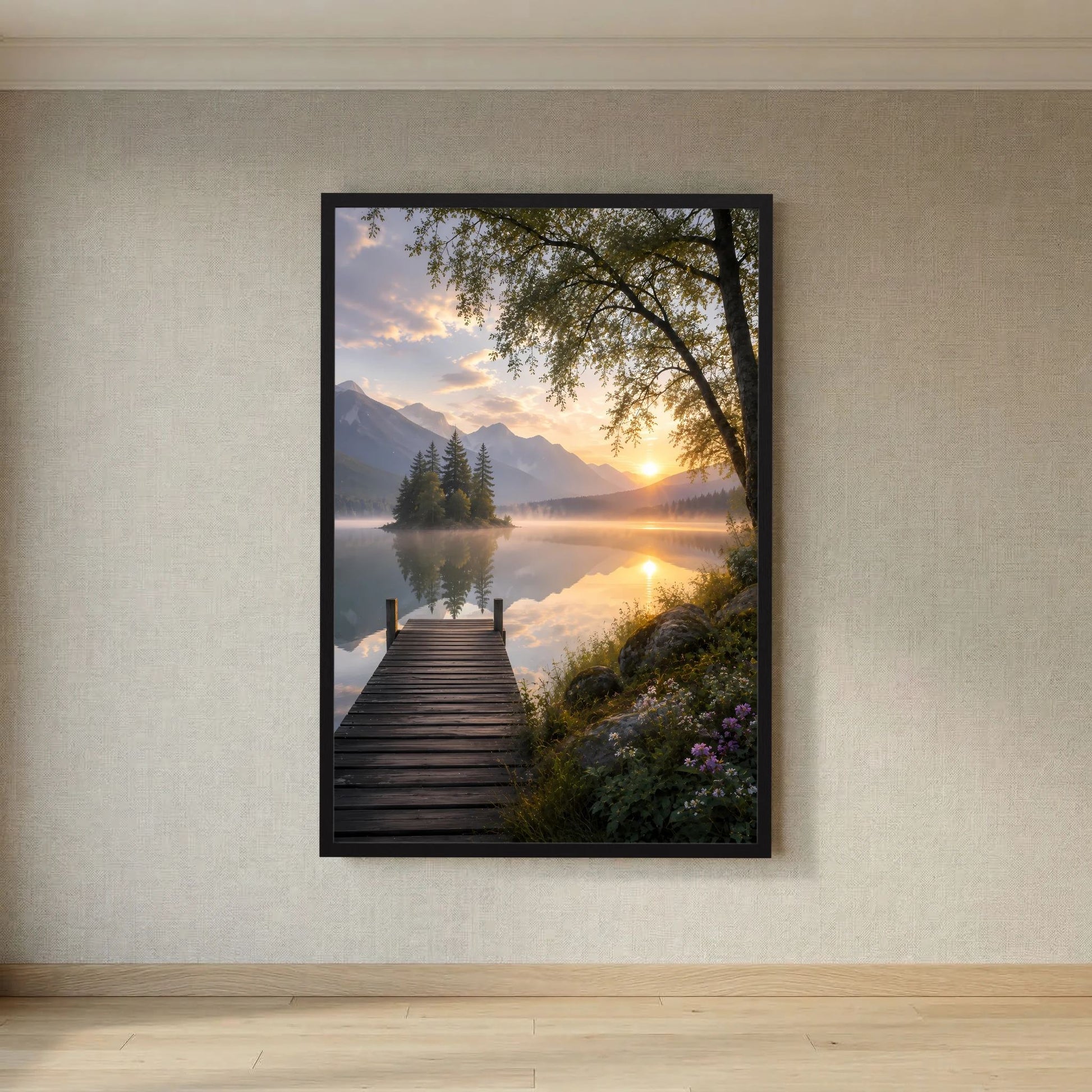 Bergsee mit Holzsteg | Sonnenuntergang in ruhiger Berglandschaft | Poster Hochformat