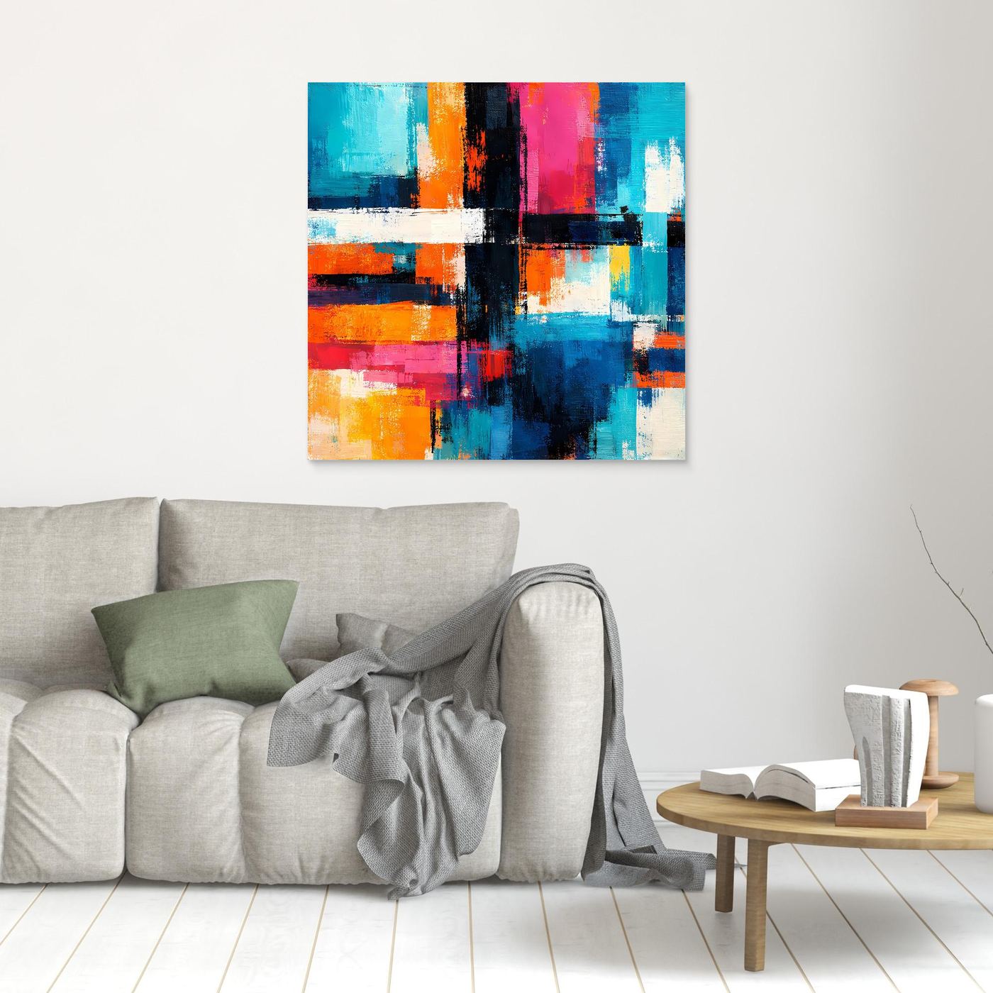 Abstract geometric wall art, multicolor blocks with dark vertical bar, wooden frame