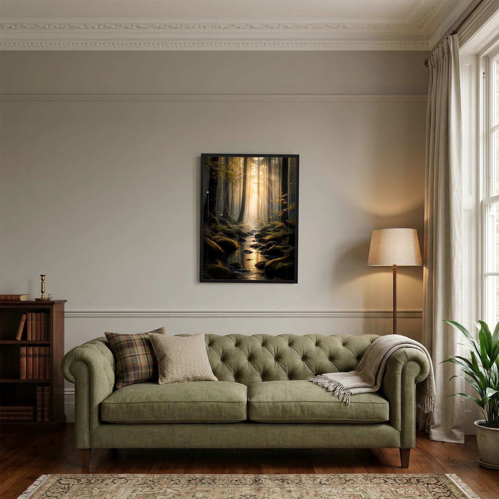 Hochformatiges Poster im schwarzen Rahmen: Wald mit goldenem Licht und Bachlauf im Schatten