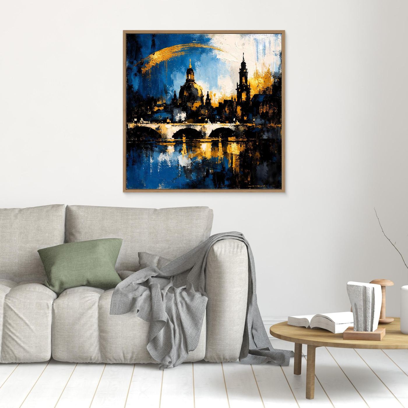 Leinwand-Wandbild mit Skyline in Blau, Gold und Schwarz, goldbrauner Rahmen