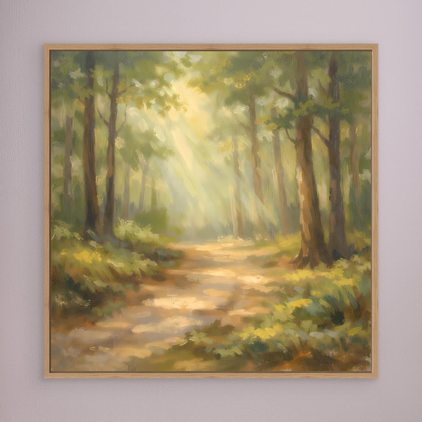 Leinwandbild Waldweg im Sonnenschein, goldbraun gerahmt
