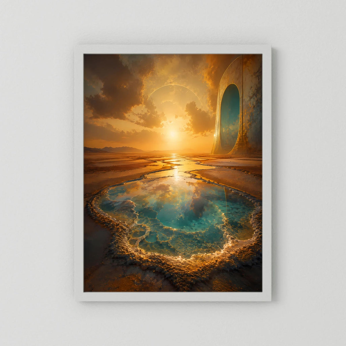 Hochformatiges Poster mit Wüstenlandschaft, türkisfarbener Quelle und rundem Portal, weißer Rahmen