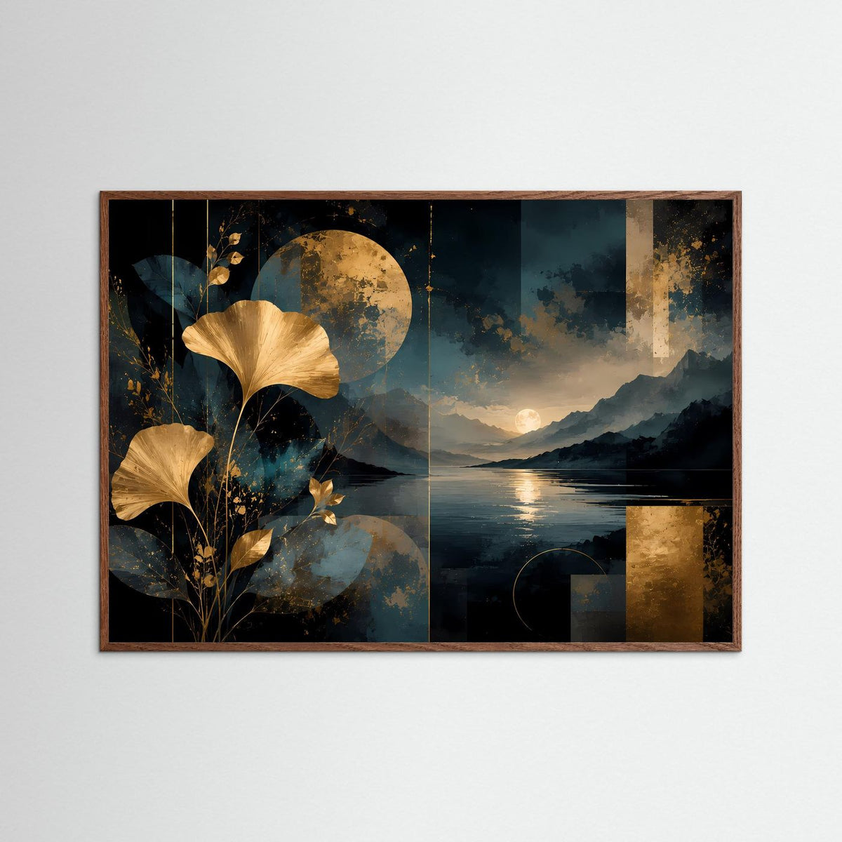 Abstraktes Naturkunst-Poster mit goldenen Ginkgo-Blättern und Bergsee-Szene, Rahmen in Braun