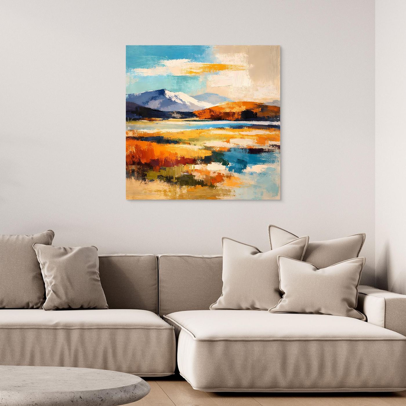 Leinwandbild mit abstrakter Berg- und Wasserlandschaft, Orange- und Blautöne, ohne Rahmen