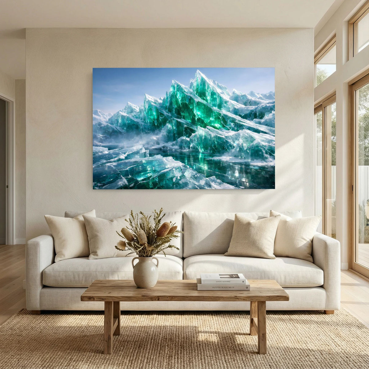 Wandbild-Poster mit smaragdgrünen Eisbergen und schneebedeckten Gipfeln, Querformat