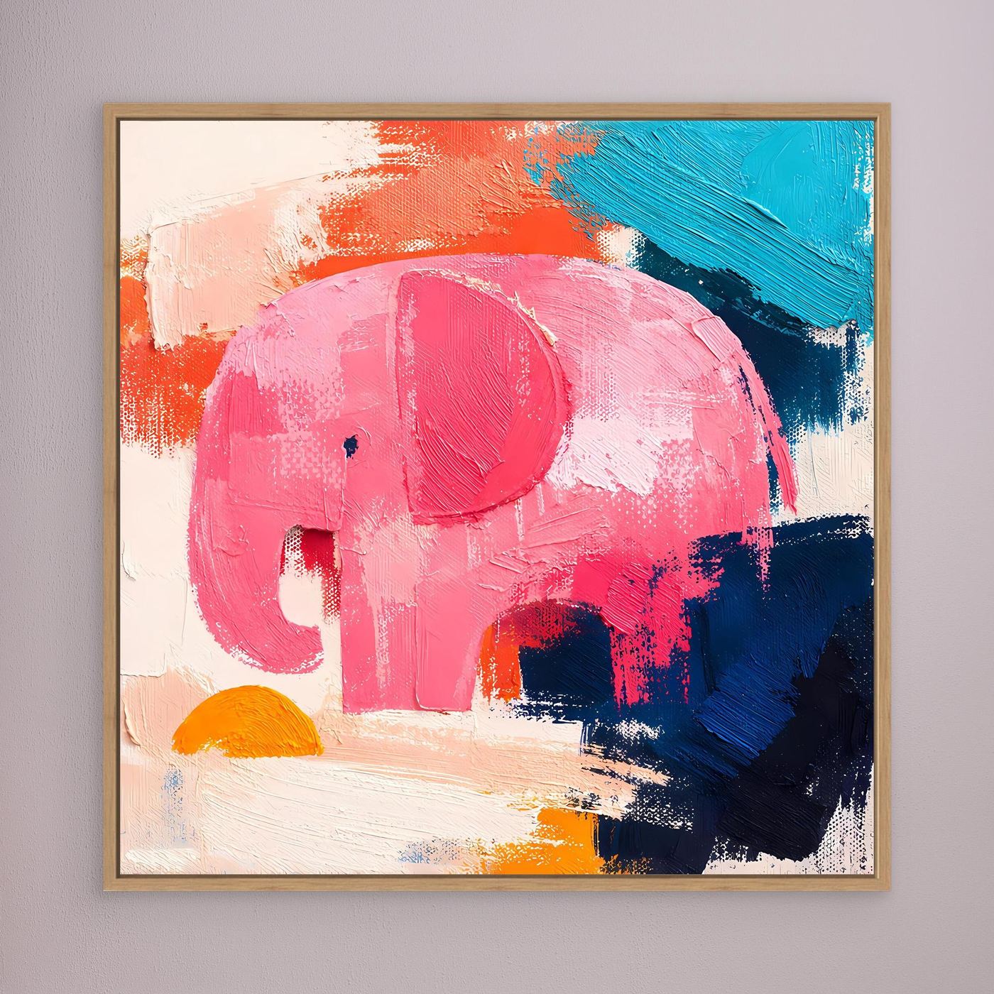 Oak-framed abstract elephant canvas painting with pink, blue, and orange brushstrokes