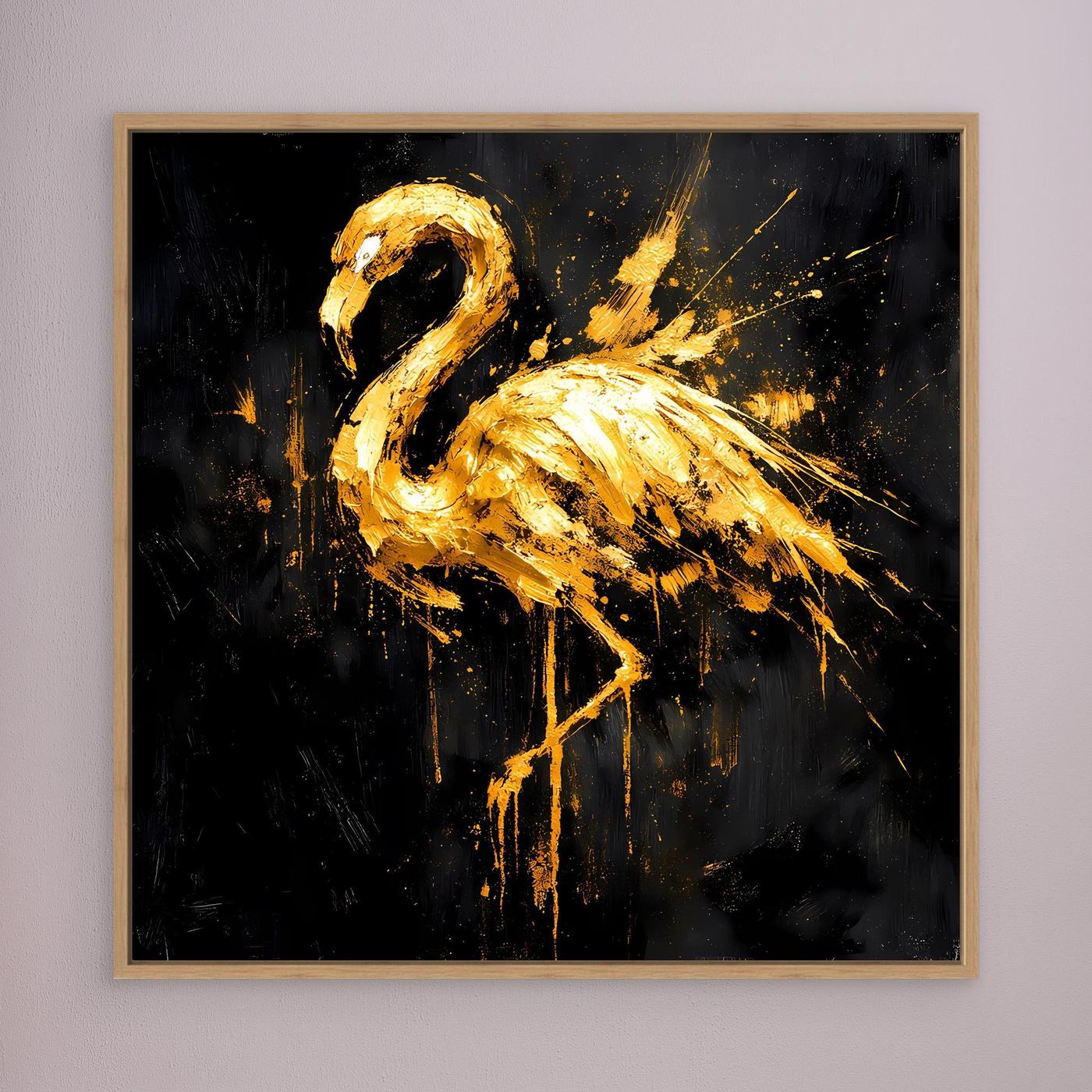 Leinwand Goldener Flamingo auf Schwarz | Abstraktes Modernes Tier Wandbild Kunst