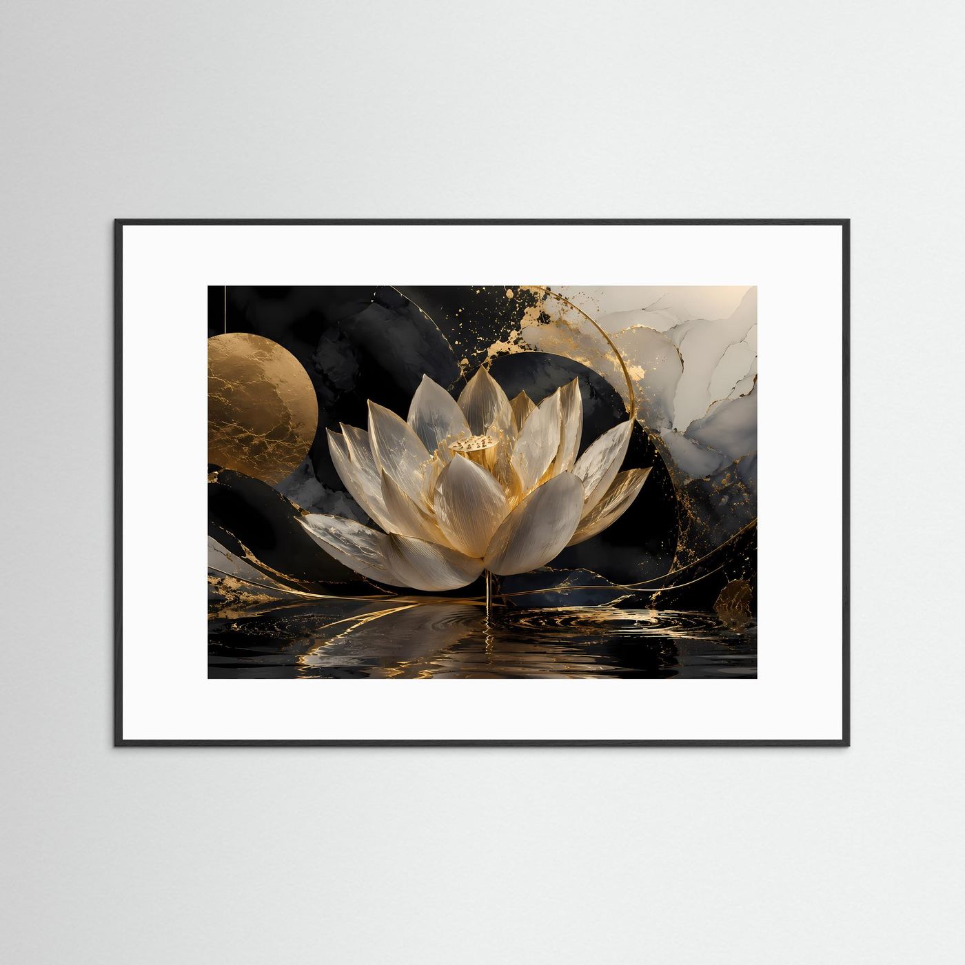 Weiße Lotusblüte Wandbild | Schwarz Gold Lotus Kunst | Elegante Zen Botanical Wall Art | Luxuriöse Meditation Leinwand | Moderne Wellness Deko