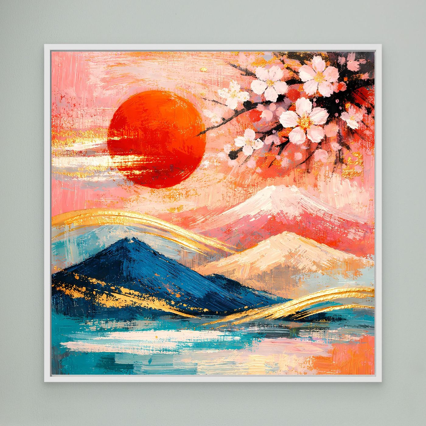 Leinwandbild mit roter Sonne, Kirschblütenzweig und Bergen in Pastellfarben, weißer Rahmen