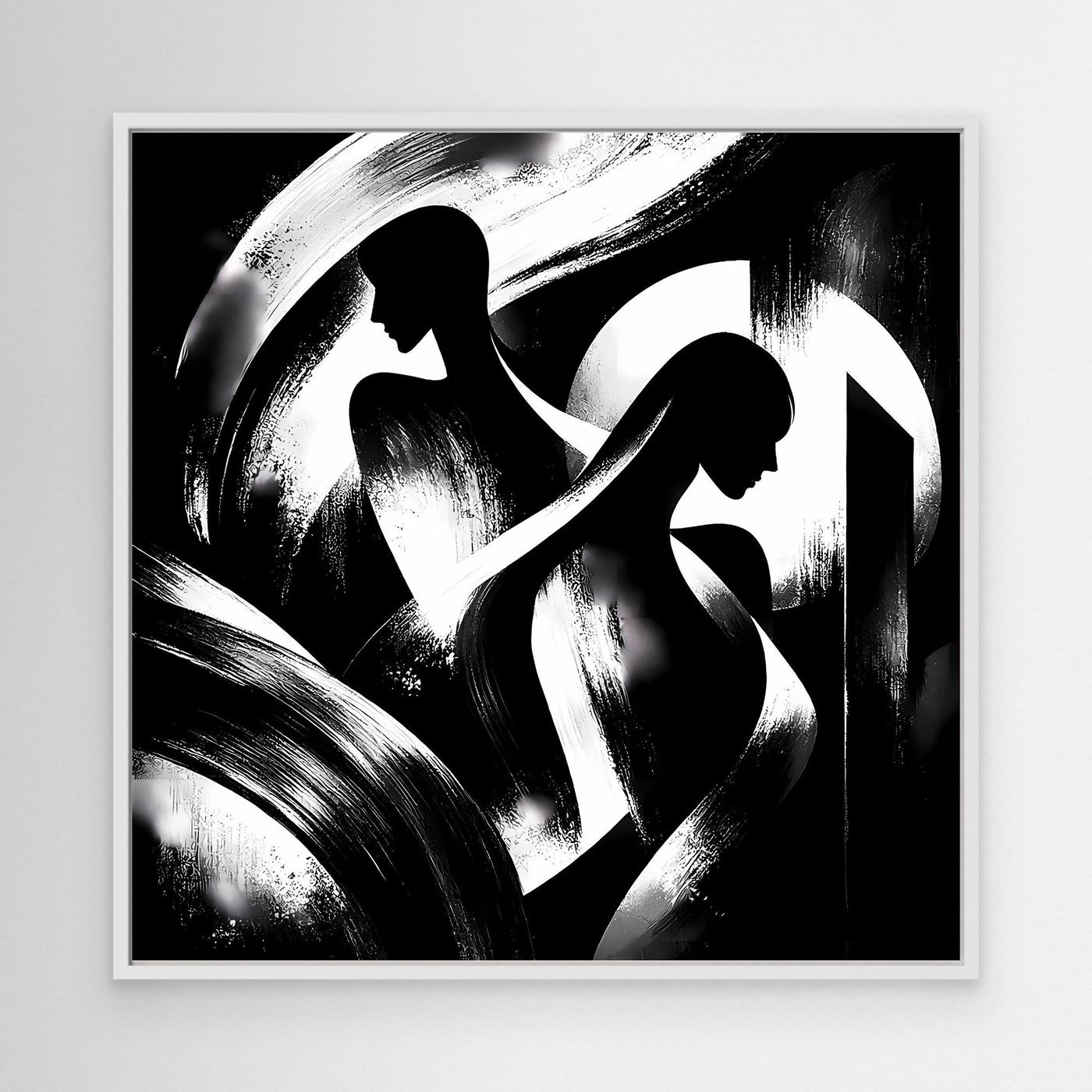 Abstraktes Leinwand-Wandbild, schwarzweiße Silhouetten, weißer Rahmen