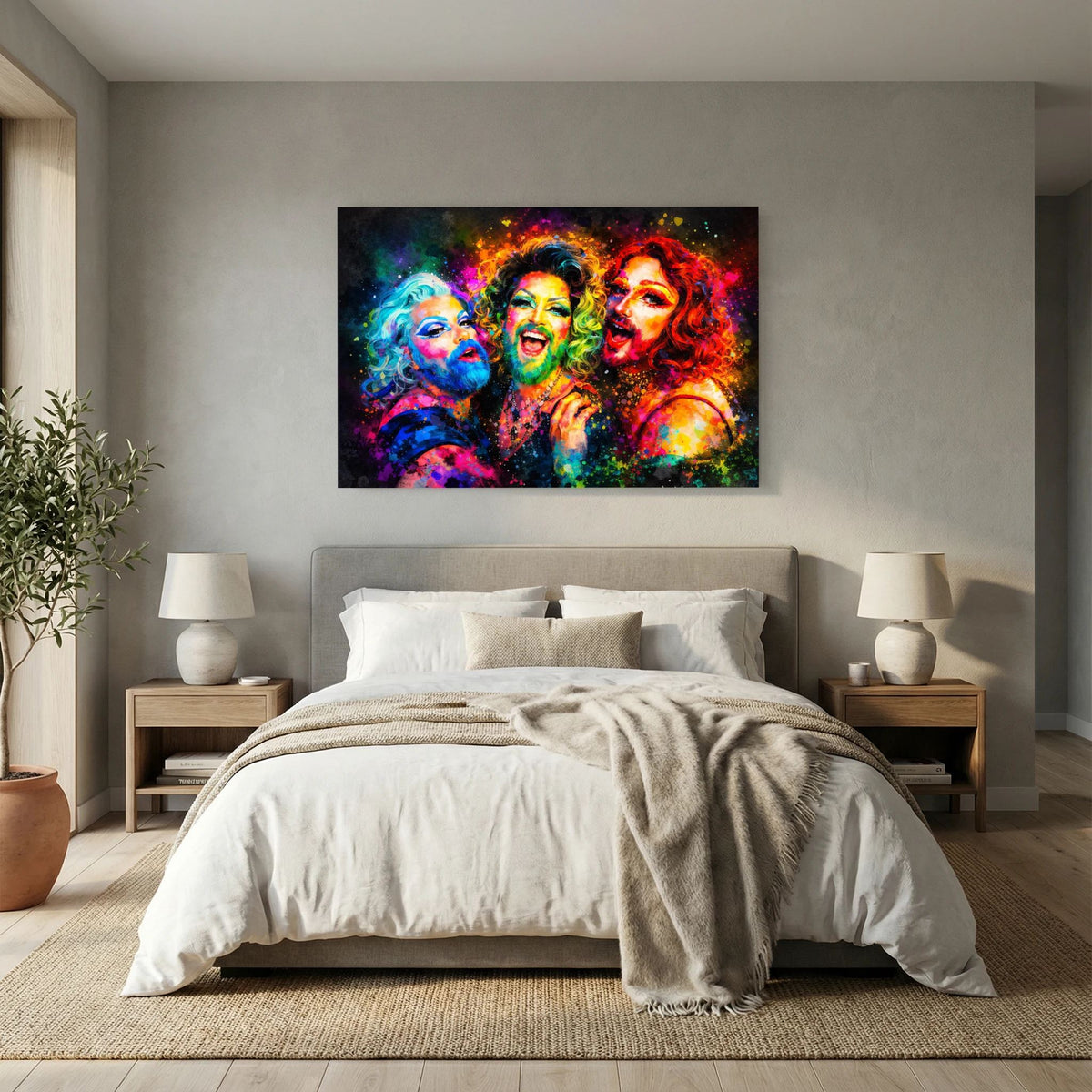 Kunstdruck-Poster mit Porträtkunst: drei Drag-Queens, spritzige Farbspritzer im Stil