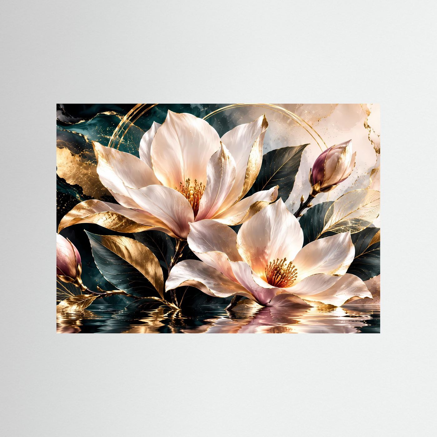 Magnolienblüten Poster | Elegante Botanische Wandkunst | Weiße Magnolie mit Gold | Luxuriöse Blumen Leinwand | Moderne Floral Art