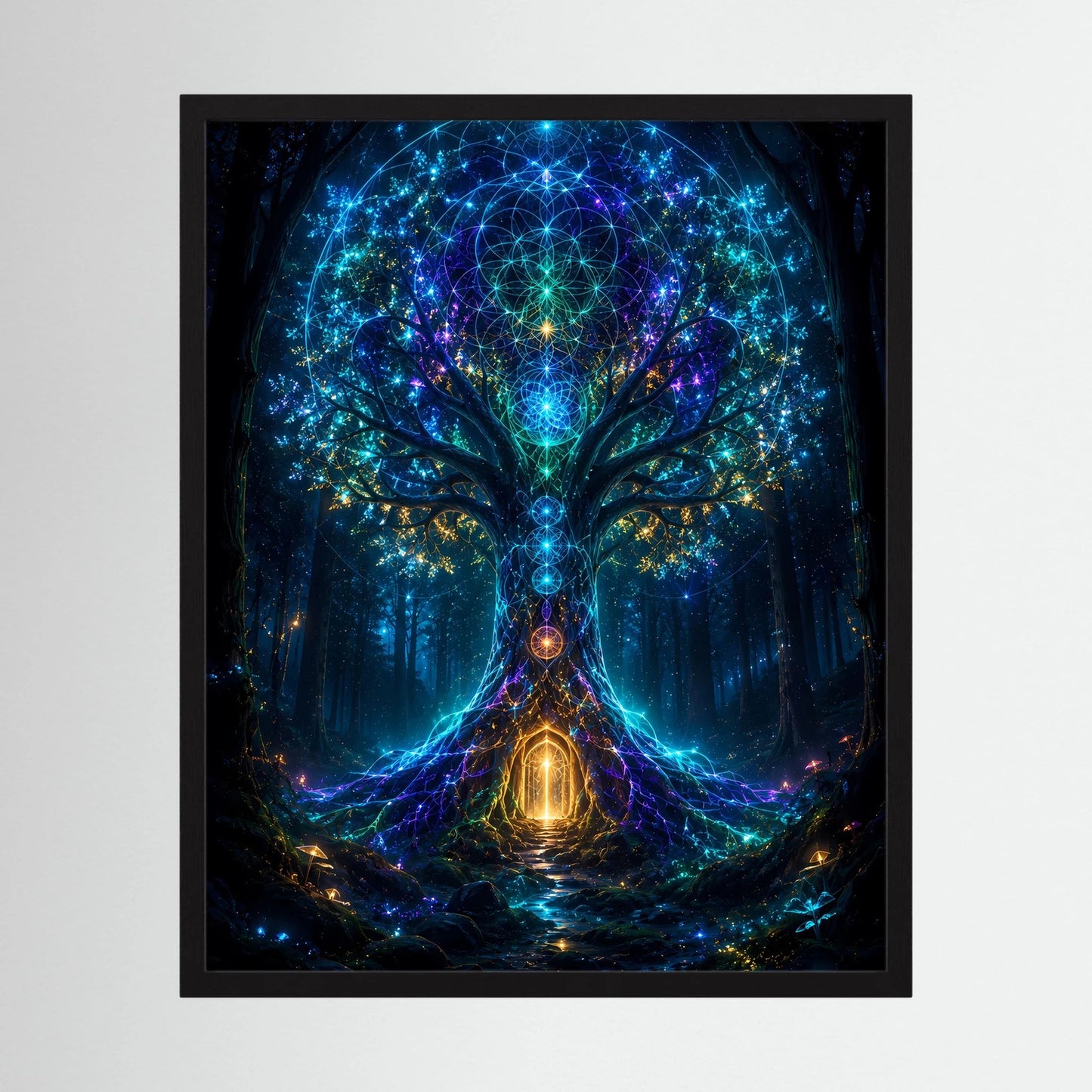 Hochformatiges Poster mit leuchtendem Zauberwald-Baum im schwarzen Rahmen