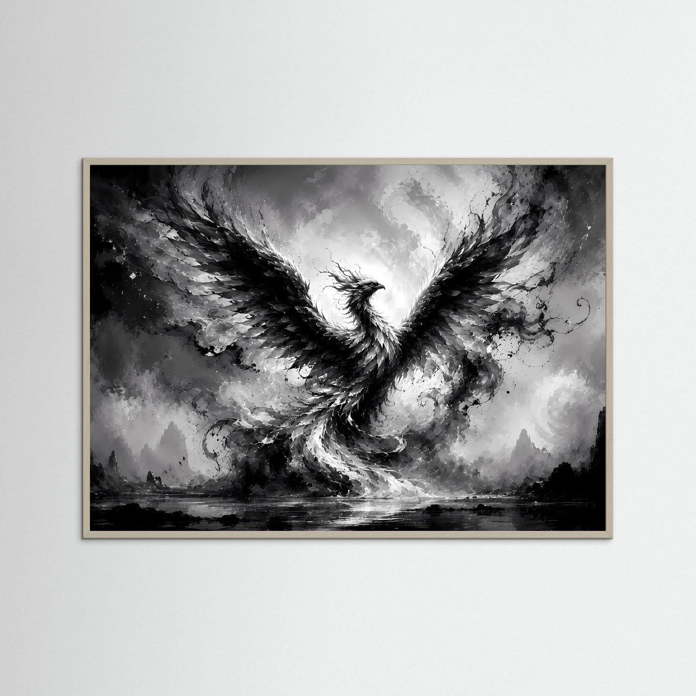 Phönix aus Licht und Schatten | Mystische Schwarz-Weiß Wandkunst – Abstrakter Feuervogel