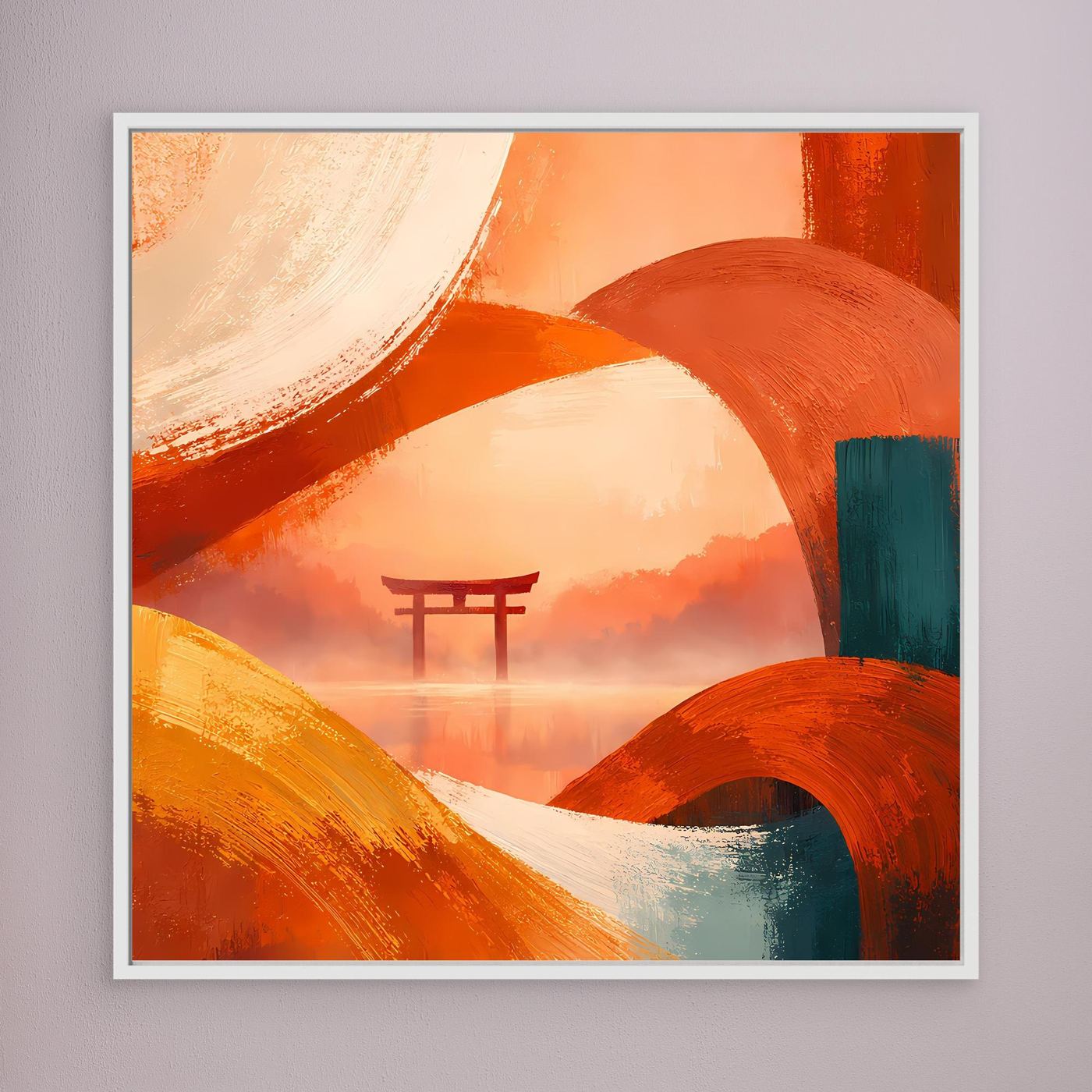 Leinwandbild mit Torii und geschwungenen Flächen, warm orange-grün, weiß gerahmt.