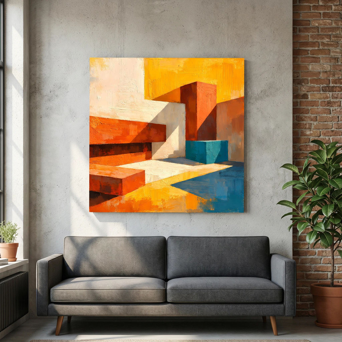 Abstraktes Leinwand-Wandbild mit markanten Quadern in Orange, Weiß und Blau