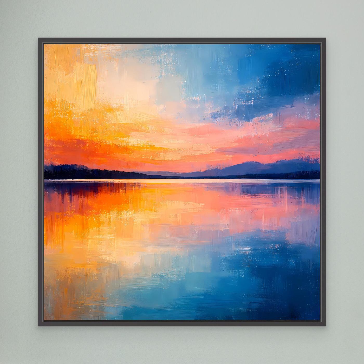 Abstraktes Wandbild: See bei Sonnenuntergang, blau-orange, mit schwarzem Rahmen