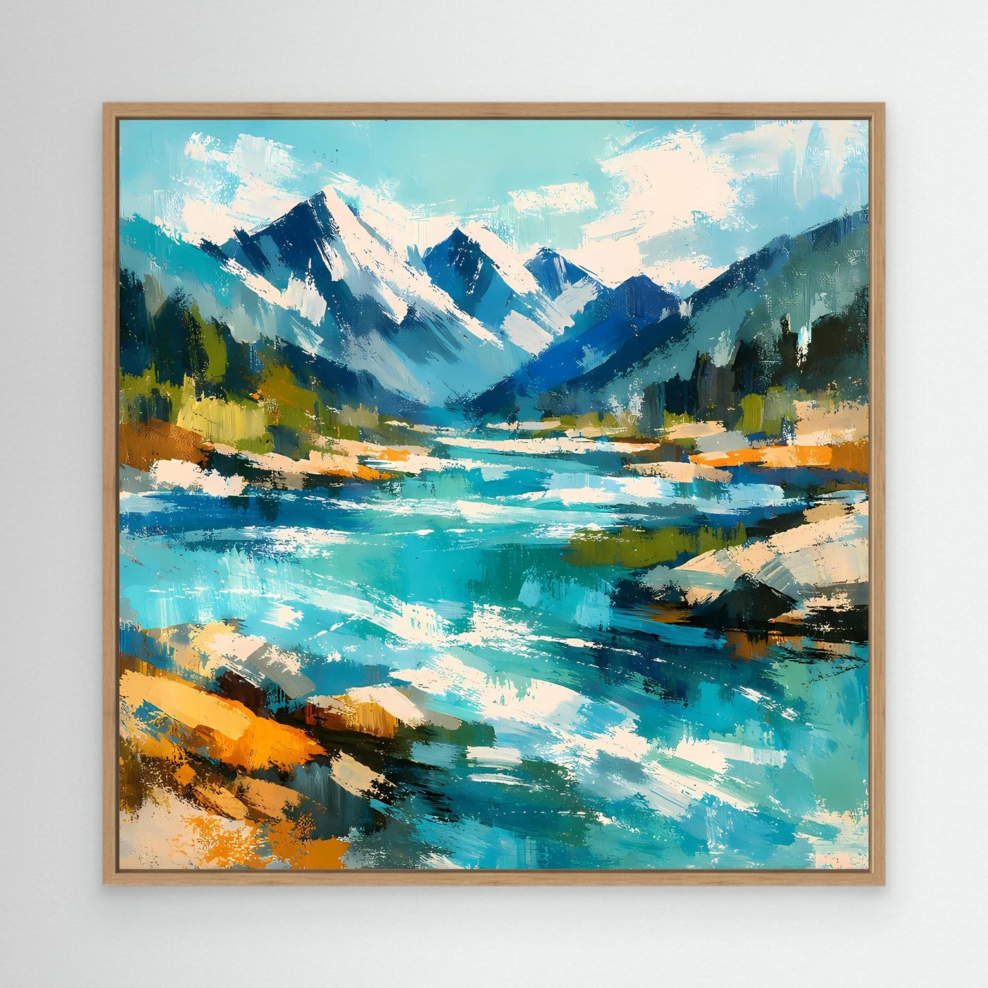Abstraktes Leinwand-Wandbild mit Berglandschaft und Fluss in türkis, blau, orange, Holzrahmen