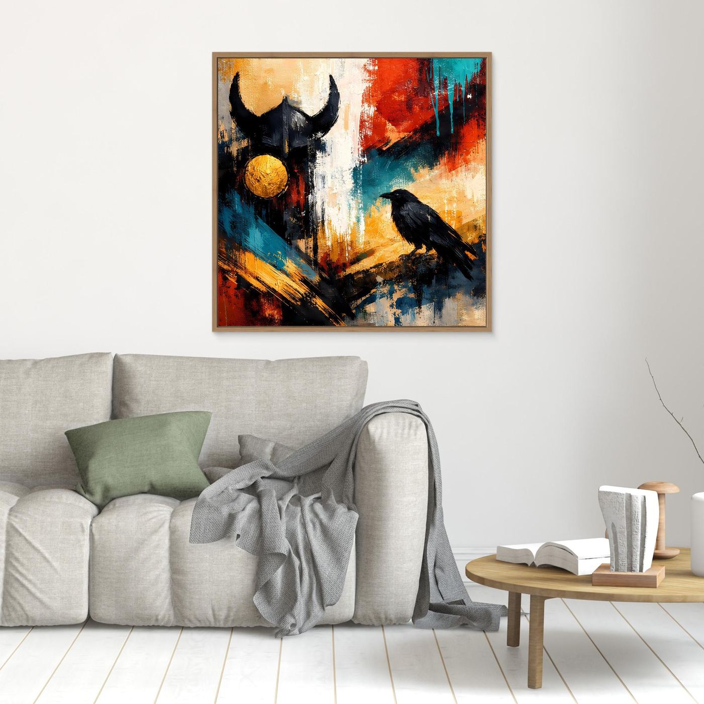 Gerahmtes Wandbild mit Rabe und Wikingerhelm, goldene Kugel auf abstraktem Farbgrund, hellbraun gerahmt