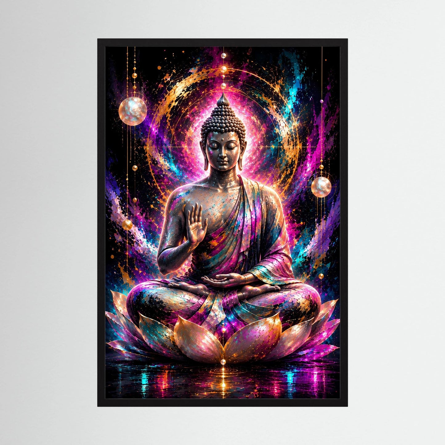 Neon-Buddha-Poster: meditierender Buddha auf Lotus mit leuchtendem Mandala, schwarzer Rahmen