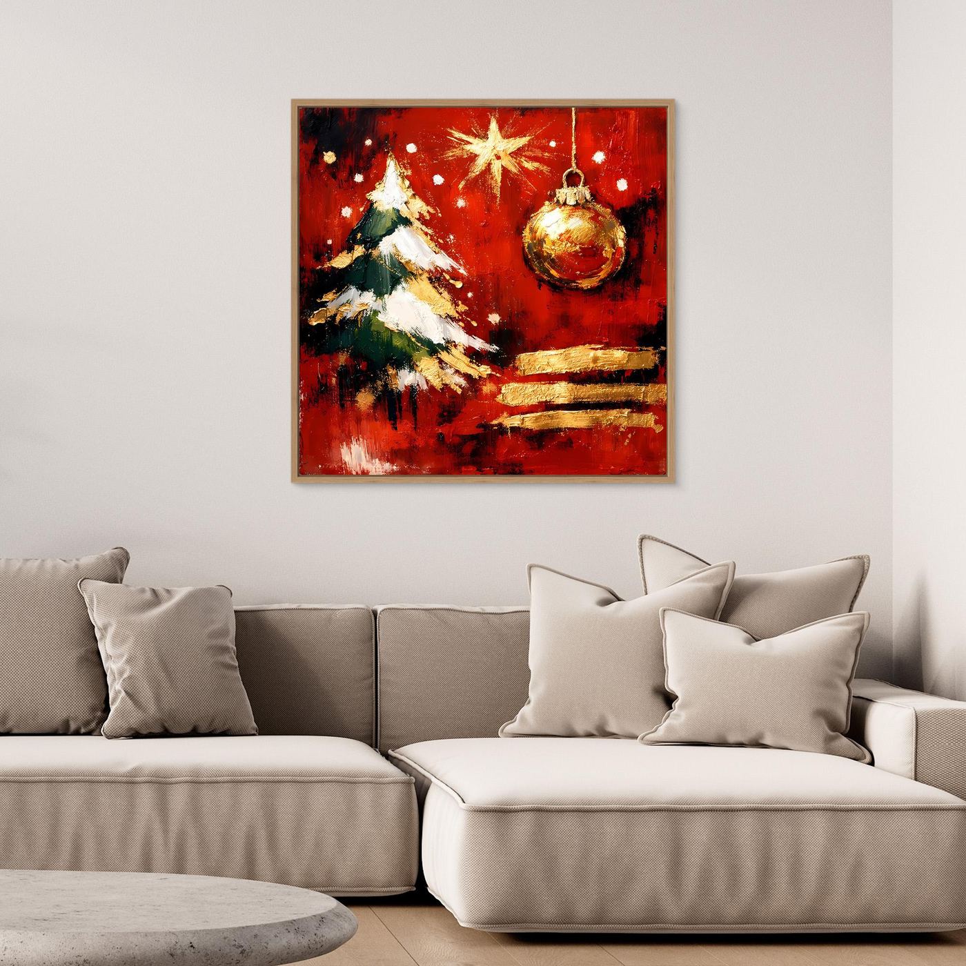 Gerahmtes Wandbild mit abstraktem Weihnachtsbaum, goldener Kugel und Sternmotiv auf Rot