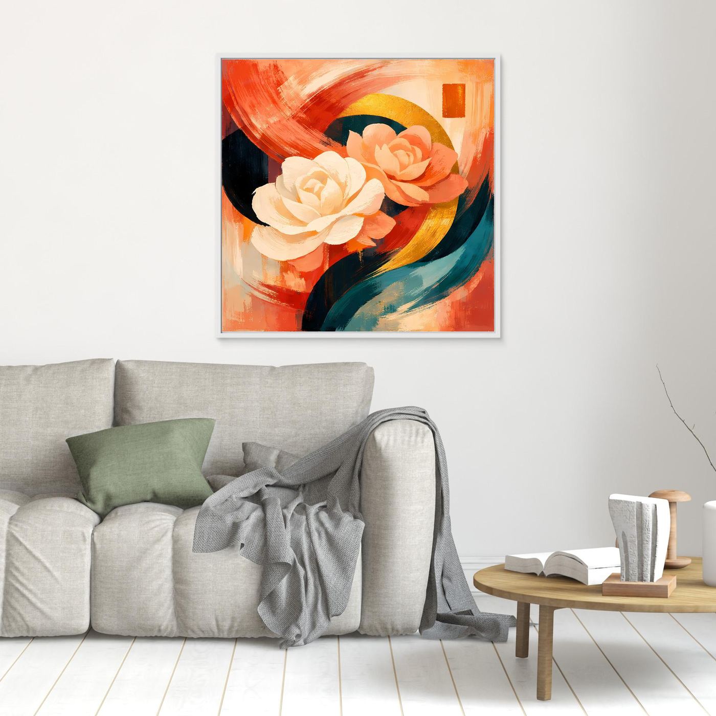 Leinwandbild mit abstrakten Rosen in Creme und Orange, kleinformatig, weiß gerahmt