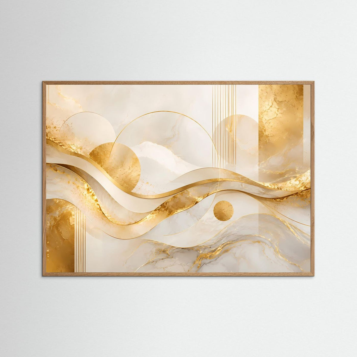 Abstraktes Querformat-Poster im hellen Holzrahmen, Wellen in Creme, Weiß und Gold