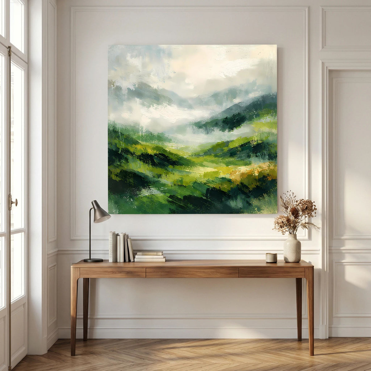 Leinwand Abstraktes Hügellandschaft Gemälde | Modernes Grünes Tal Wandbild Natur