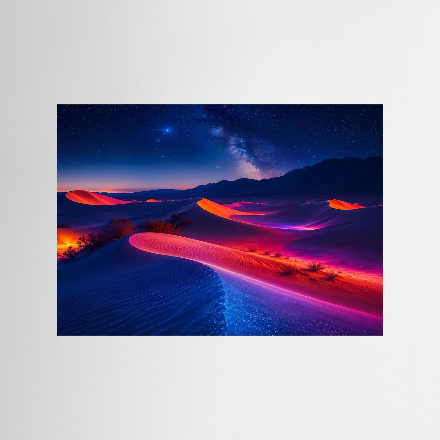 Leuchtende Neon-Wüste bei Nacht | Futuristische Dünen Landschaft Poster Querformat