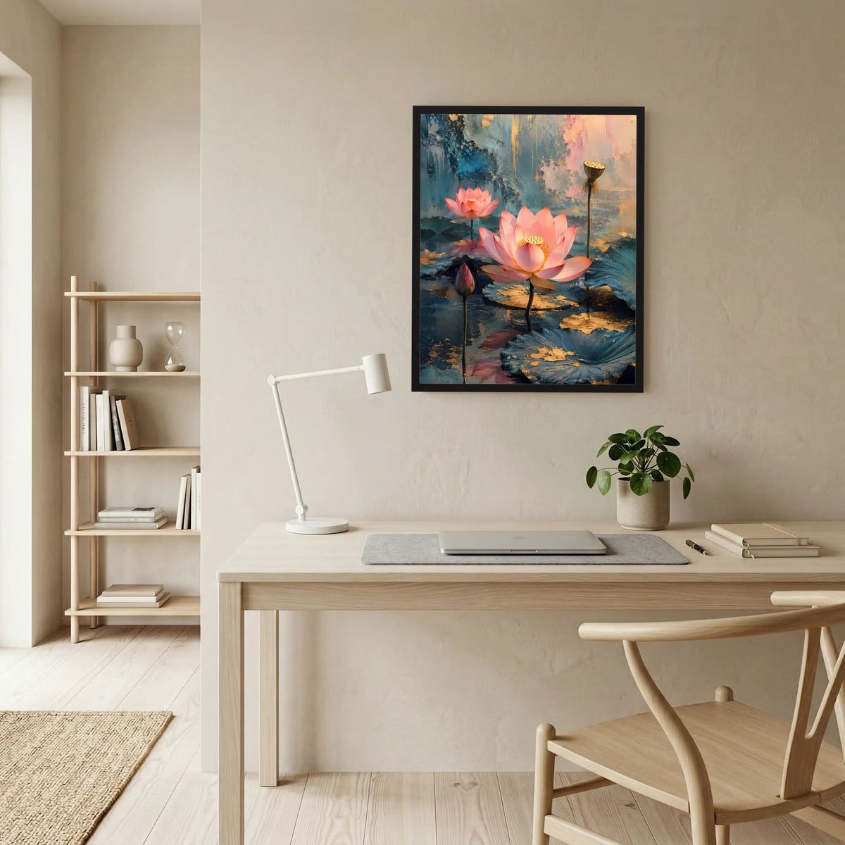 Hochformat-Poster mit rosa Lotusblüten im dunklen Rahmen an beiger Wand