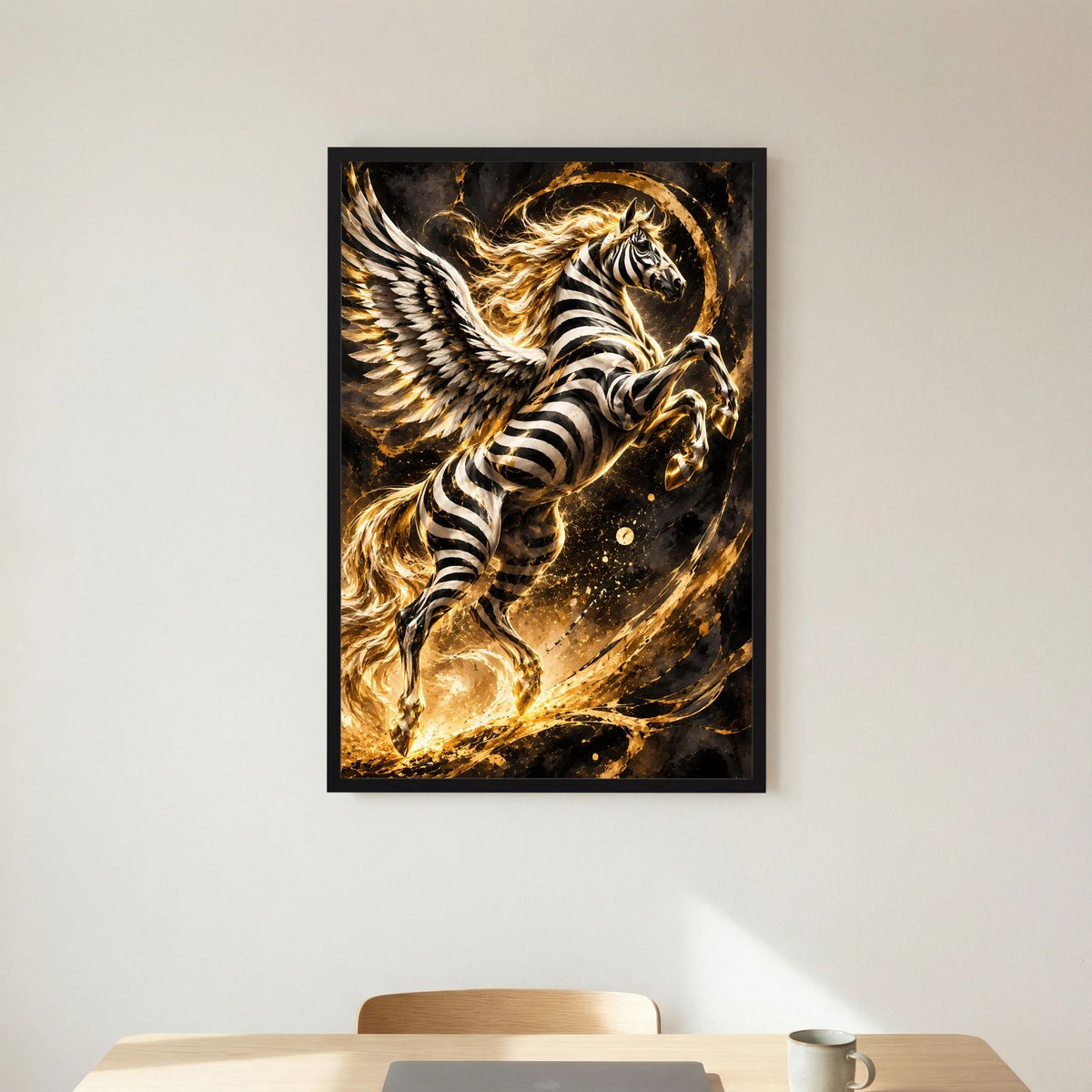 Geflügeltes Zebra-Pegasus Poster im schwarzen Rahmen, Schwarz-Weiß und Gold, mittig