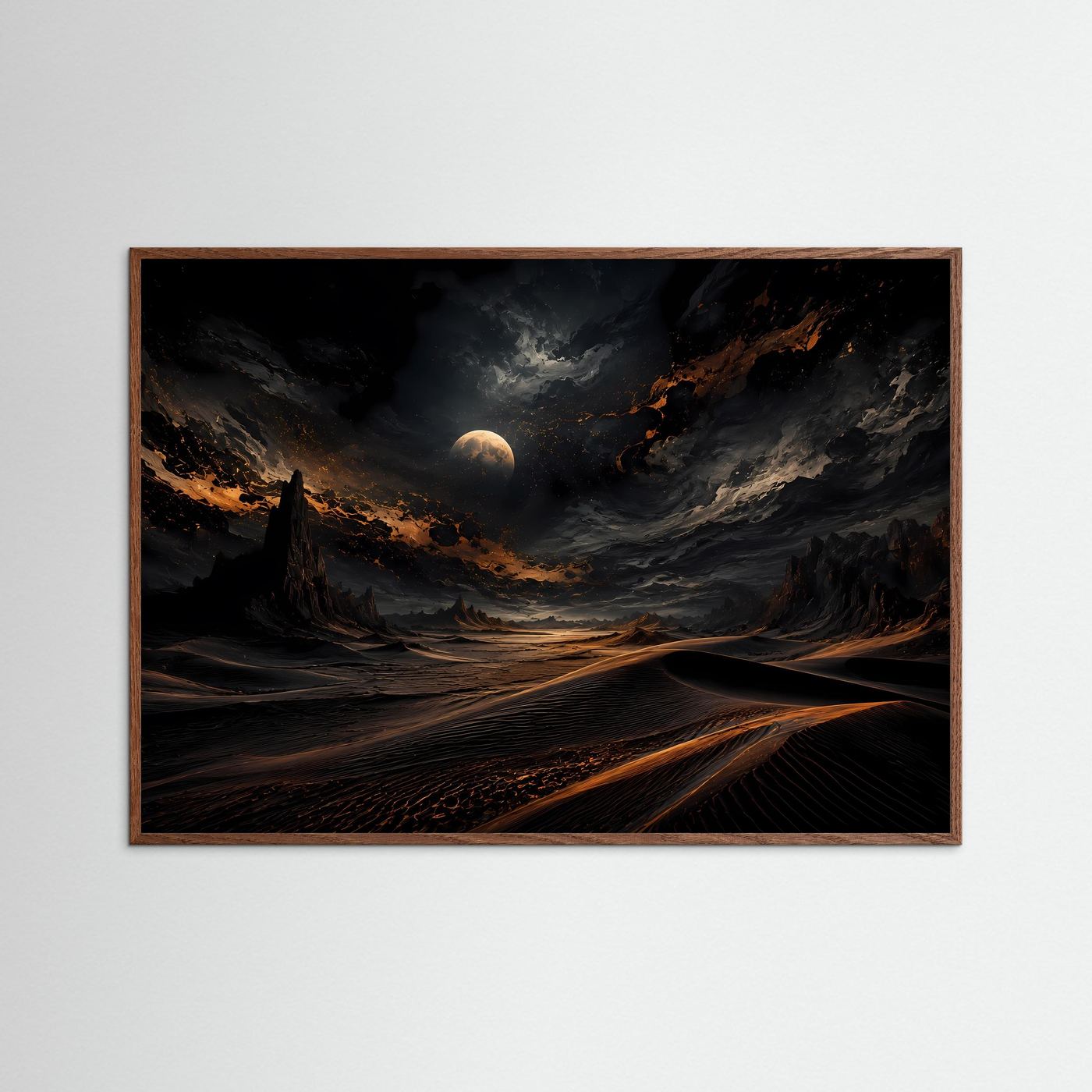 Mystische Wüste bei Nacht | Mondlandschaft Wandbild | Dunkle Dünen mit Gold Licht | Abstrakte Wüstenkunst | Premium Leinwand Poster
