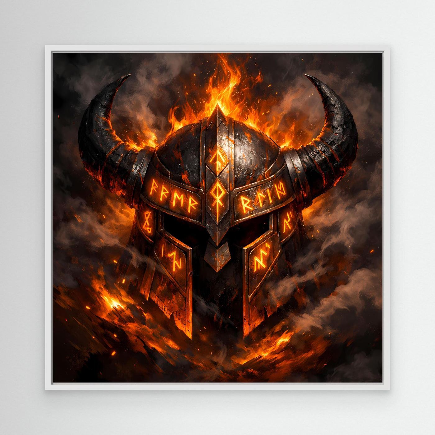 Leinwand-Wandbild mit flammendem Wikingerhelm und Runen, weißer Rahmen
