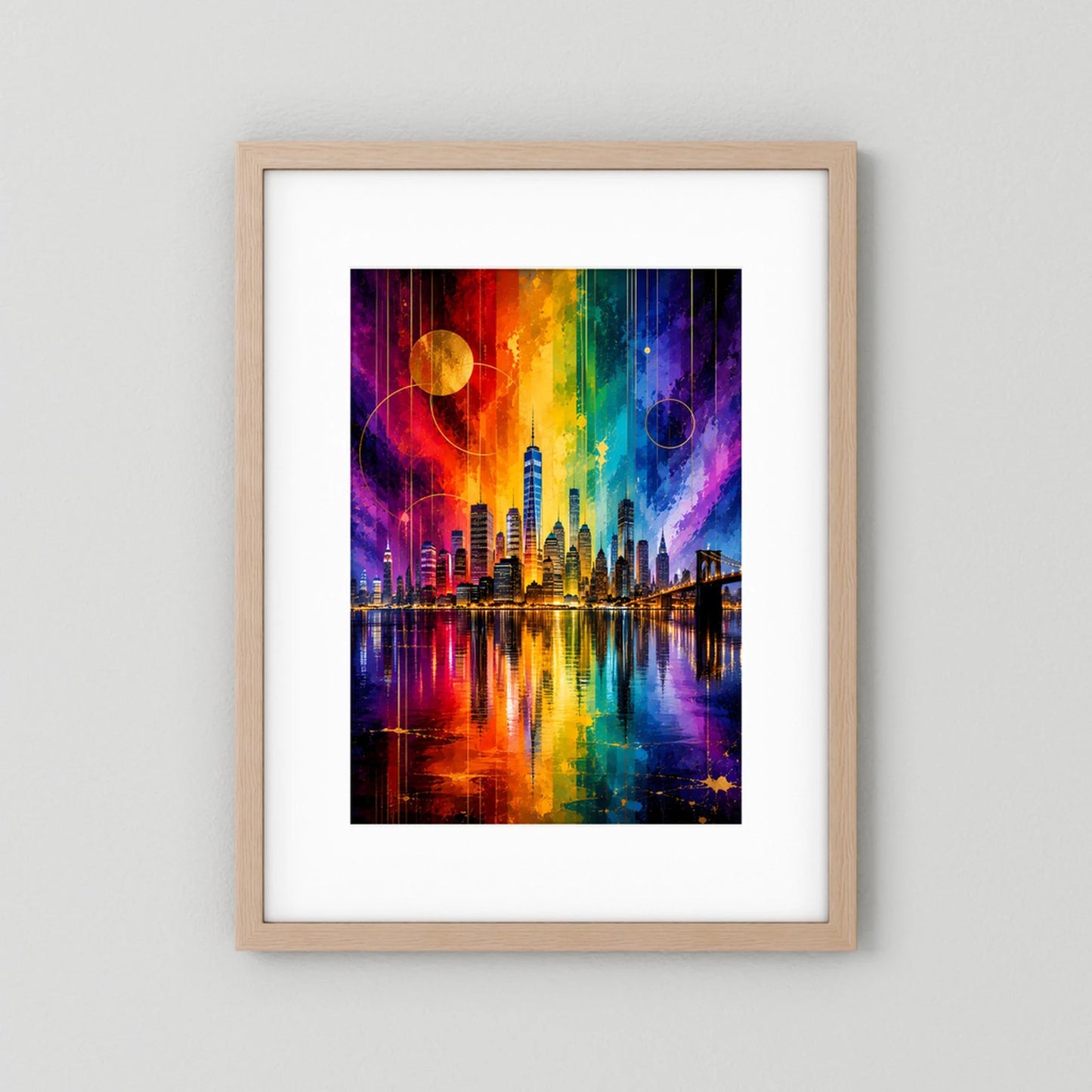 City-Poster mit Regenbogen-Skyline, hellem Holzrahmen und weißem Passepartout