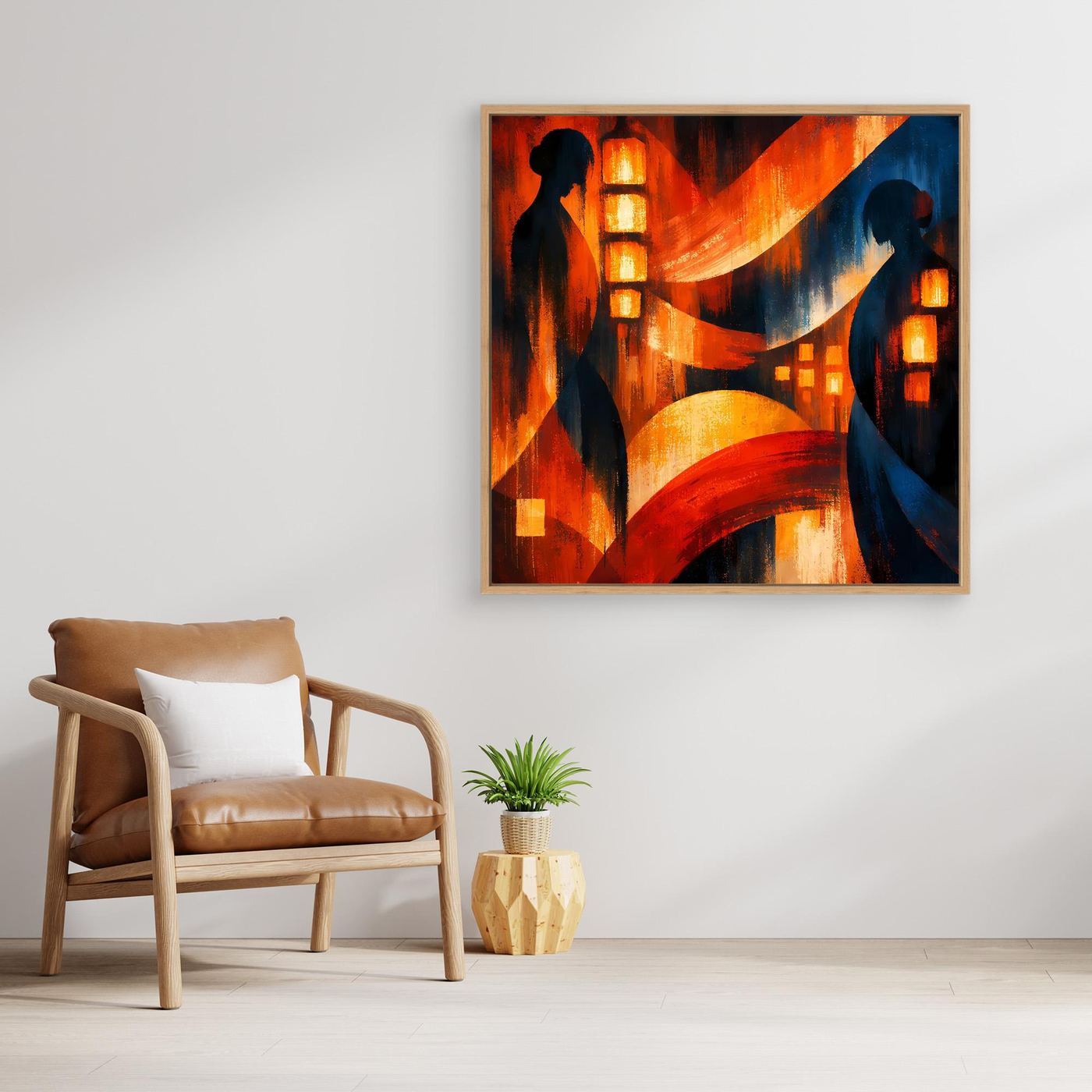 Gerahmtes Leinwandbild mit Geisha-Silhouetten, Laternen und rotem Licht in Blau und Orange.