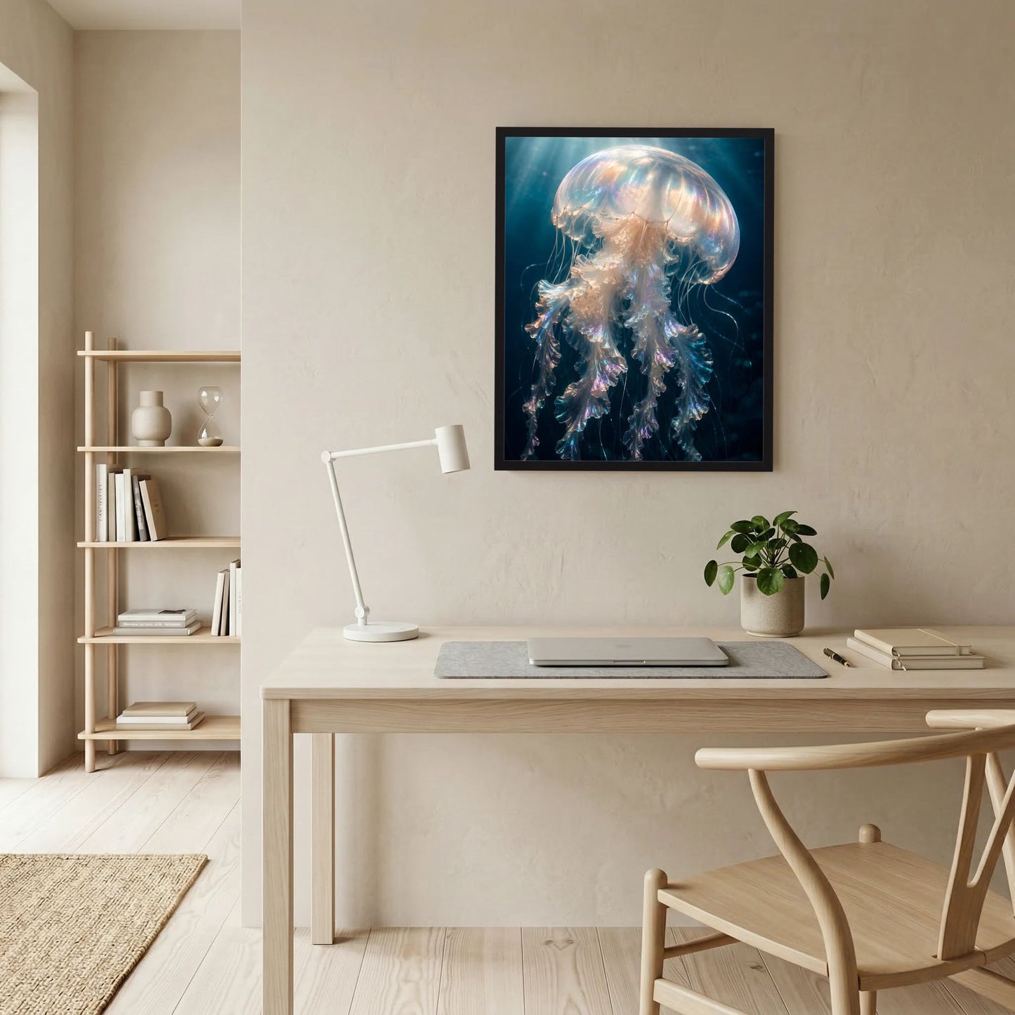 Gerahmtes Kunstposter mit leuchtender Qualle, Hochformat, schwarzer Rahmen
