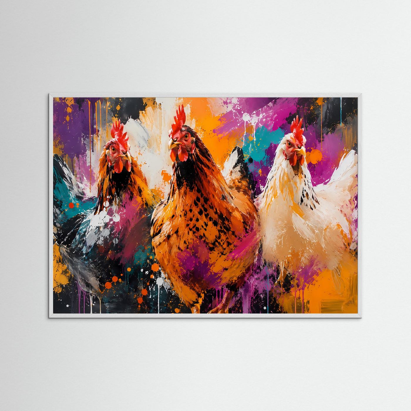 Hühner Poster Modern | Bunte Bauernhof Kunst | Abstraktes Hennen Wandbild | Farbintensive Tierillustration | Leinwand Landhaus Deko
