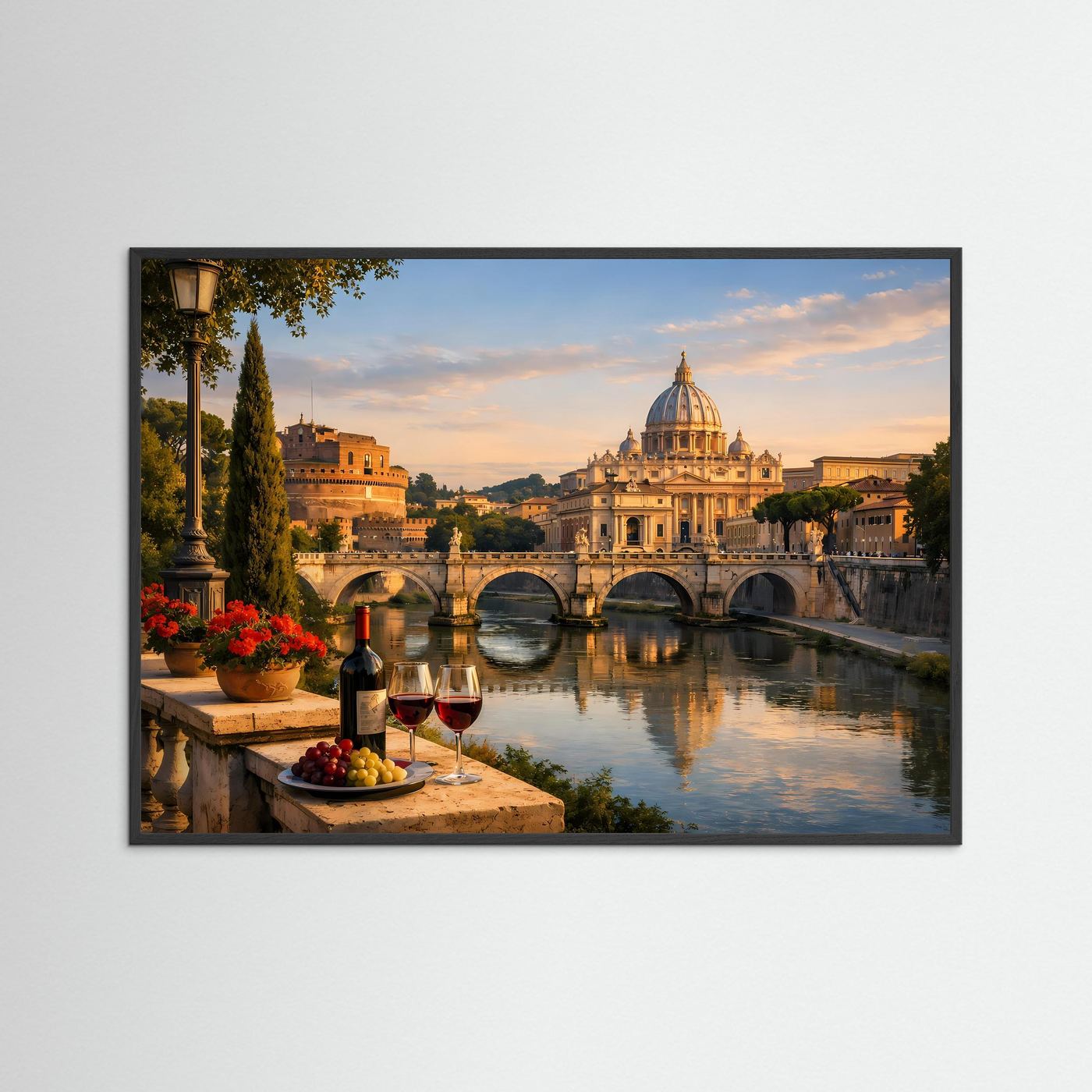 Querformatiges Panorama-Poster mit Fluss und Petersdom in schwarzem Rahmen