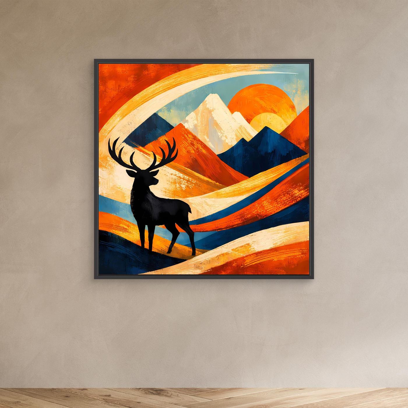 Dunkel gerahmtes Leinwand-Wandbild: Hirsch vor Bergen und Sonne, orange und blau